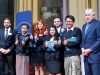 Reuters Pulitzer winners for International Reporting Simon Lews, Kyaw Soe Oo, Poppy McPherson, Shoon Naing, Anthony Slodkoski, Wa Lone, and Columbia University president Lee Bollinger pose for a picture inside Low Library at Columbia University in New York, U.S., May 28, 2019. REUTERS/Eduardo Munoz