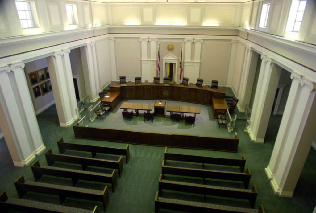 An interior photo of the Florida Supreme Court in Tallahassee, Florida.