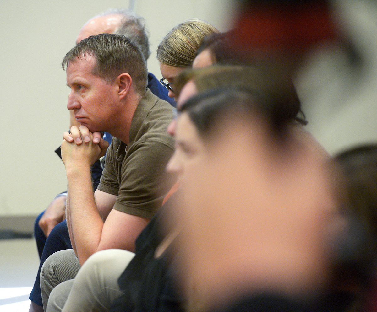 Robbie Parker, parent of Emilie, listens to attorney Chris Mattei during his closing statements in the Alex Jones Sandy Hook defamation damages trial