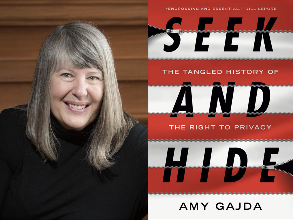 Amy Gajda headshot next to her book cover, Seek and Hide.