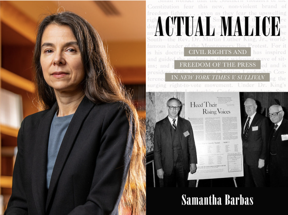 Samantha Barbas next to the cover of her book, Actual Malice.