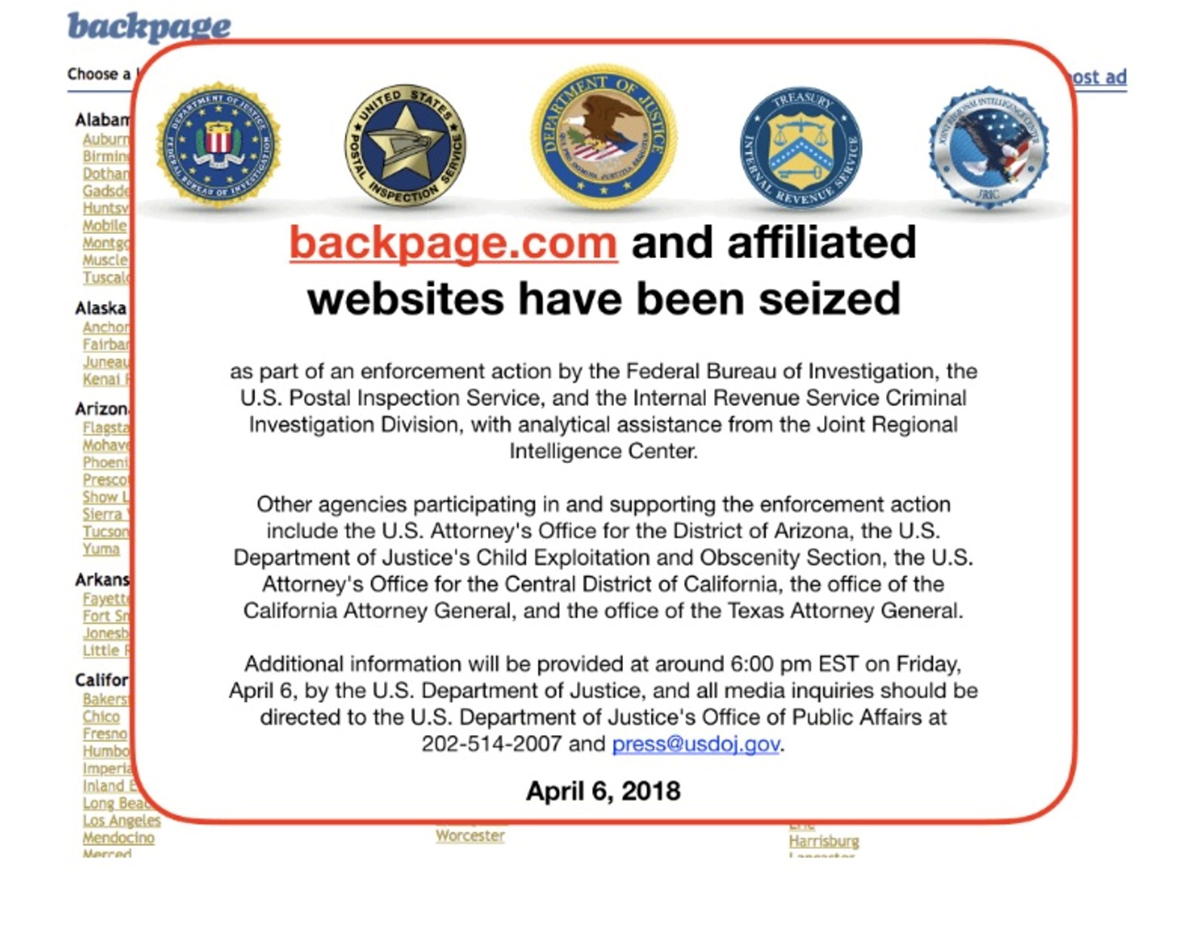 A screen grab of the home page of the website backpage.com is pictured after U.S. law enforcement agencies seized the sex marketplace website