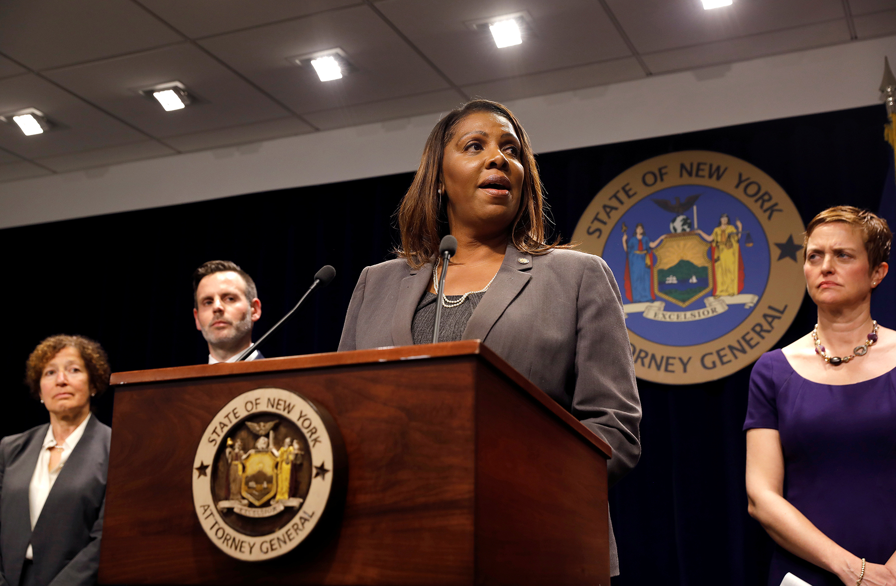 New York State Attorney General Letitia James speaks at a news conference in New York