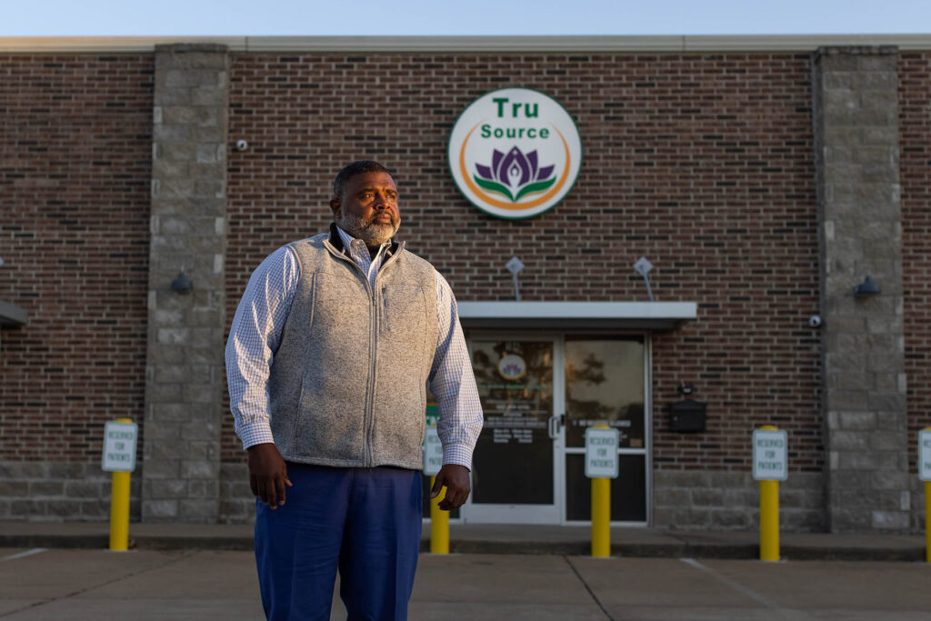 Clarence Cocroft, owner of Tru Source Medical Cannabis, stands in front of the dispensary in Olive Branch, Mississippi.