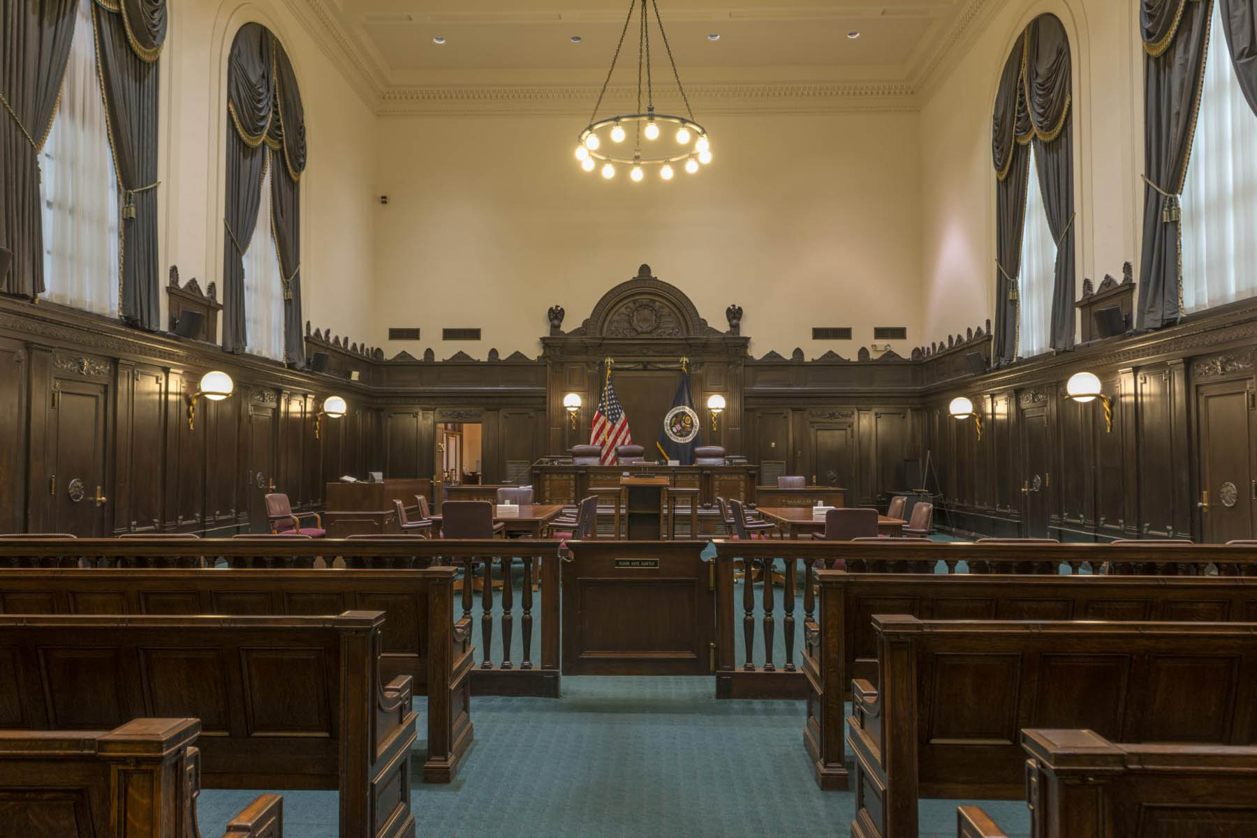 Courtroom in the John Minor Wisdom U.S. Court of Appeals Building in New Orleans, Louisiana.