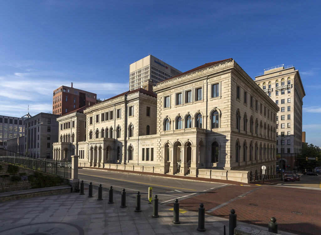The Court of Federal Appeals (Lewis F. Powell Courthouse) and the skyline of Richmond, Virginia.