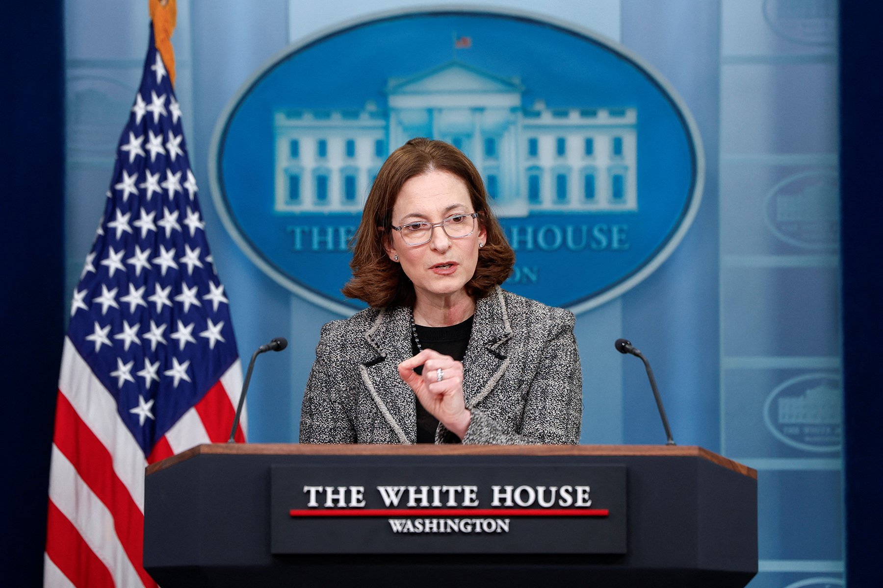 Jennifer Klein, Director of the White House Gender Policy Council, answers questions during the daily press briefing at the White House in Washington