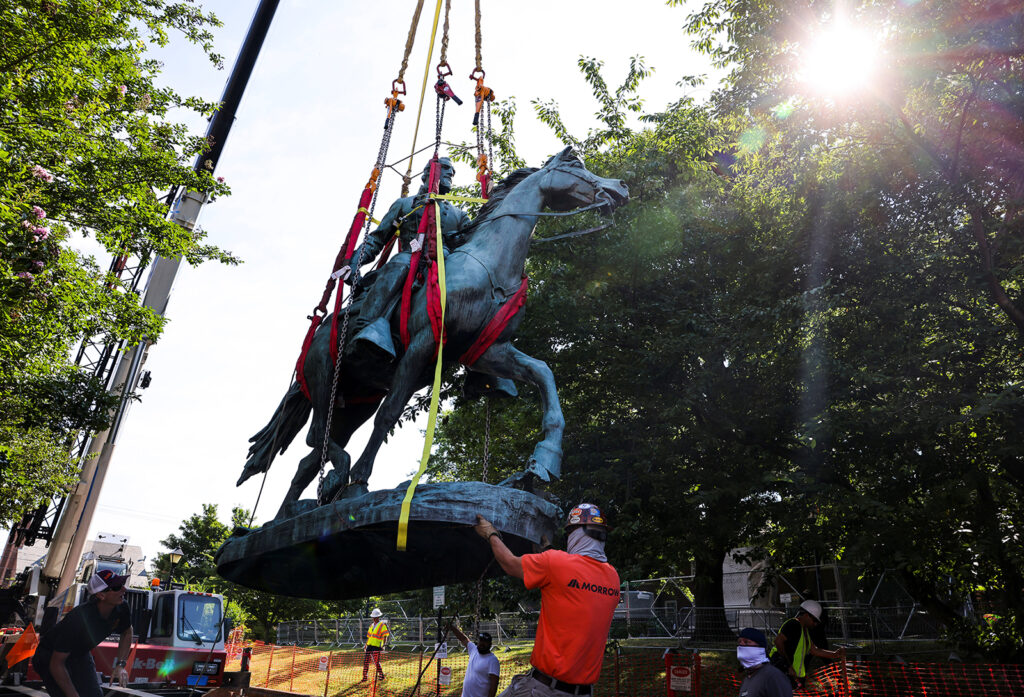 A statue of Confederate General Thomas "Stonewall" Jackson is removed, in Charlottesville