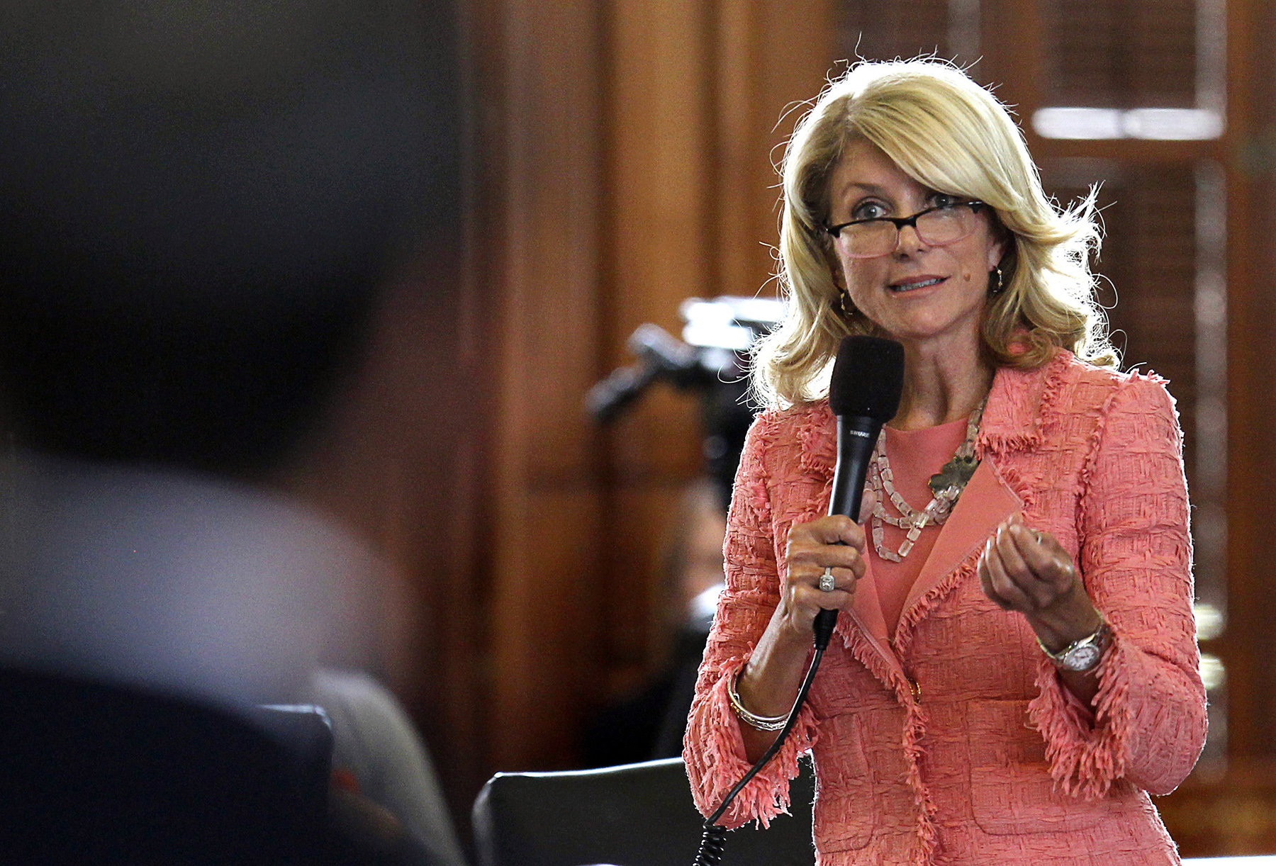 Texas State Democratic Senator Davis questions the state's Republican Senator Hegar in Austin