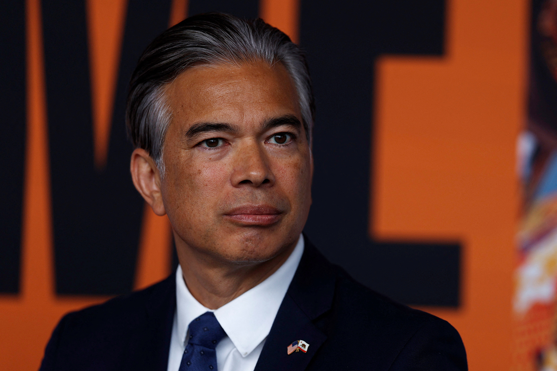 California Attorney General Rob Bonta sits, during a press conference announcing a lawsuit against oil giant Exxon Mobil over its alleged role in global plastic waste pollution at Climate Week in New York City