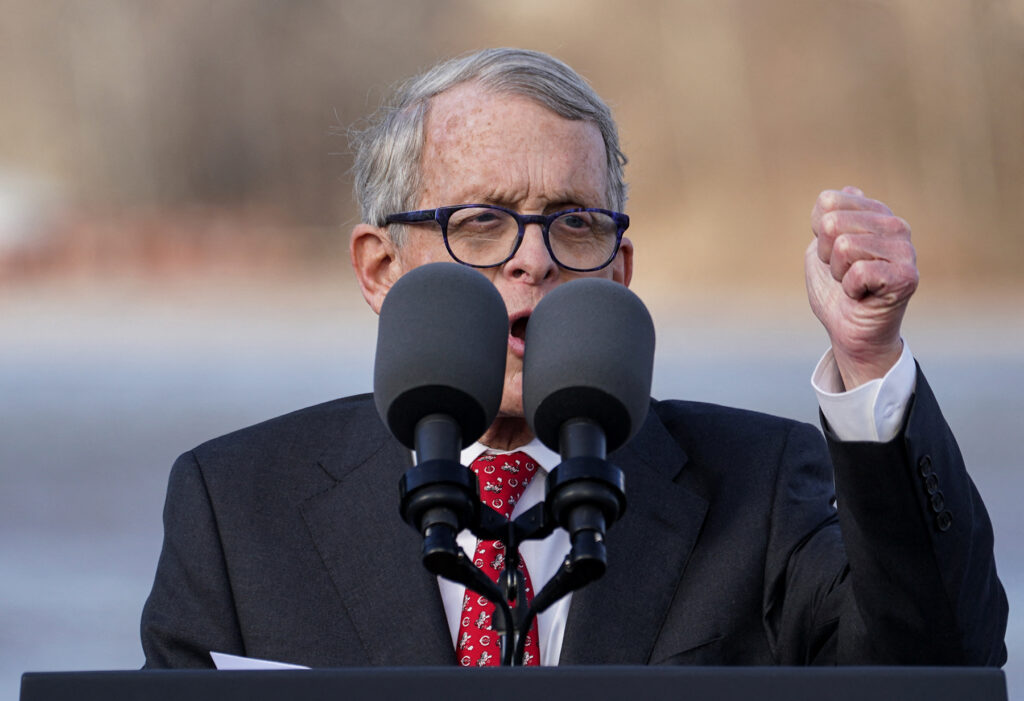 Ohio Governor Mike DeWine speaks during an event to tout the new Brent Spence Bridge over the Ohio River between Covington, Kentucky and Cincinnati