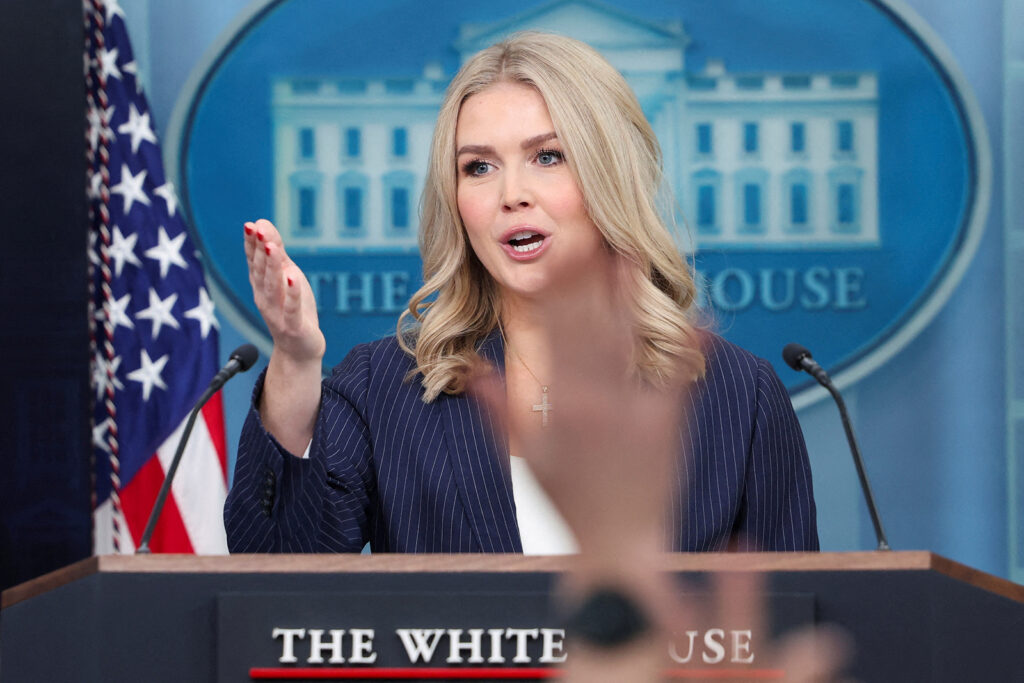 White House Press Secretary Karoline Leavitt holds a press briefing at the White House in Washington