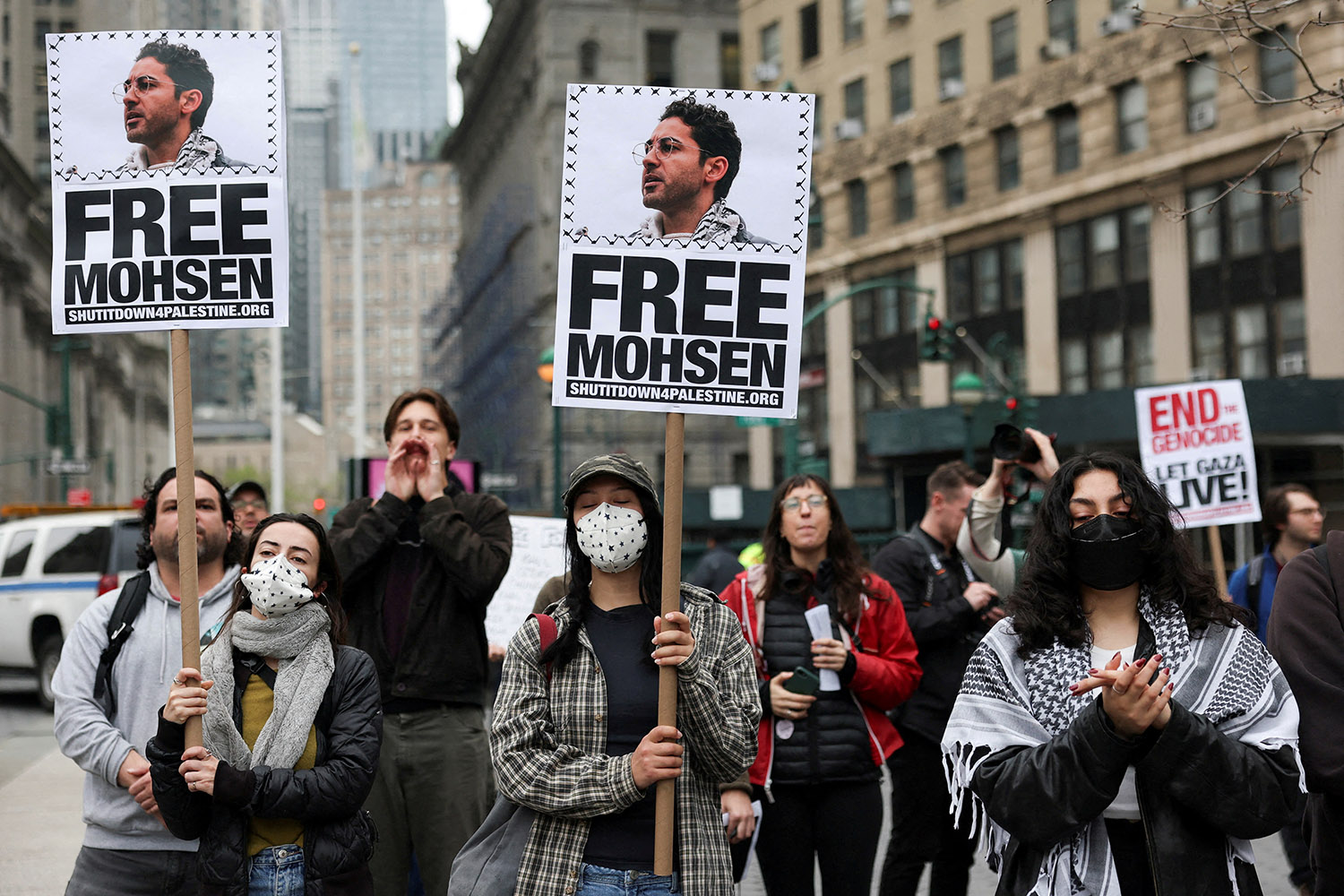 Protesters gather to call for the release of Mahmoud Khalil, in Manhattan