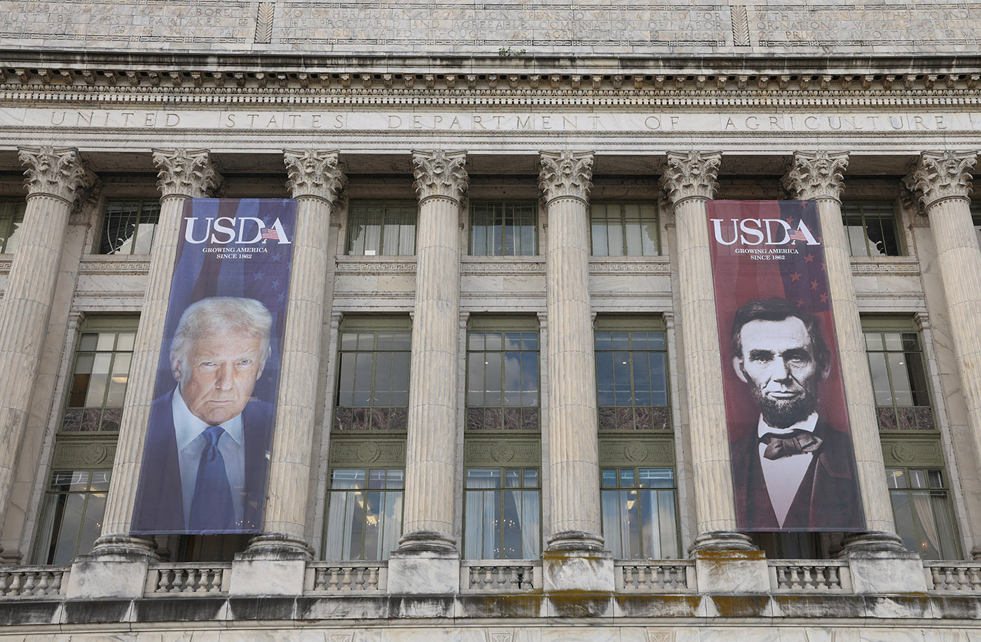 Trump and Lincoln banners on the USDA headquarters in Washington