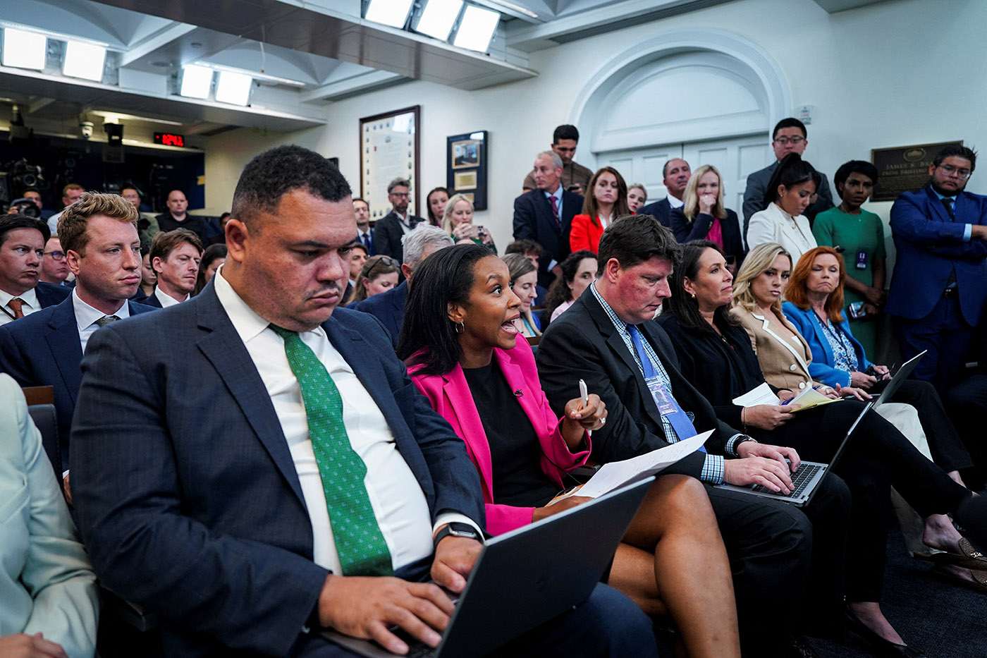 White House Press Secretary Karoline Leavitt holds a press briefing at the White House in Washington, D.C.