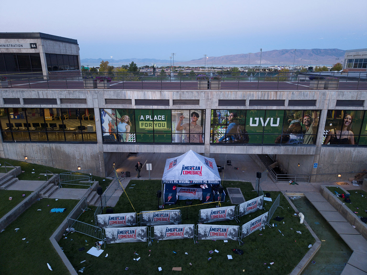 A drone view shows the scene where Charlie Kirk was fatally shot at Utah Valley University event, in Orem