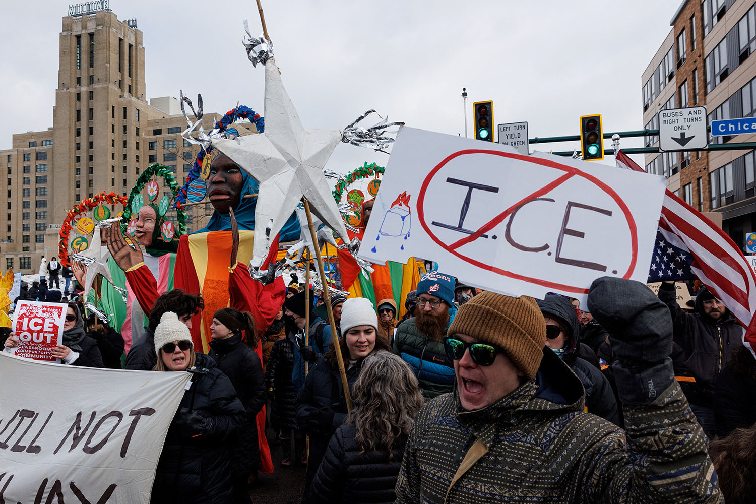 People protest against increased immigration enforcement after the fatal shooting of Renee Nicole Good by a U.S. Immigration and Customs Enforcement (ICE) agent, in Minneapolis