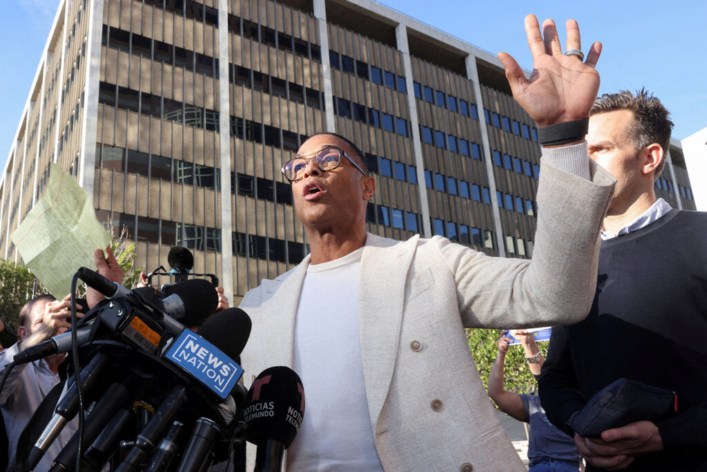 Former CNN anchor Don Lemon leaves federal court after an appearance following his arrest for involvement in a protest at a church in Minnesota, in Los Angeles